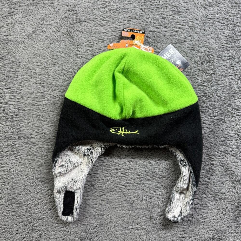 Screamer Kids NEW Fleece Beanie Trapper Hat Fishbone Fish Logo Green
